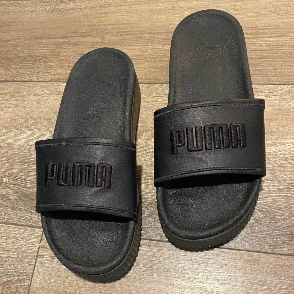 Puma black platform slides